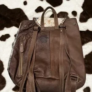 Myra Bag Minah Vista Black Leather Backpack with Tan and Green Tooled Panel Myra Bag Brown Leather Backpack with Teal Fringe and  main image 4